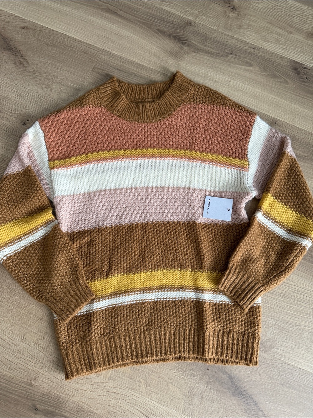 O'Neill Striped Crewneck Sweater in Brown, Pink & Yellow